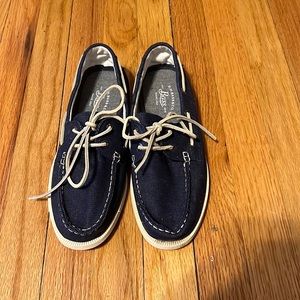 G.H. BASS blue denim boat shoes with khaki accents.